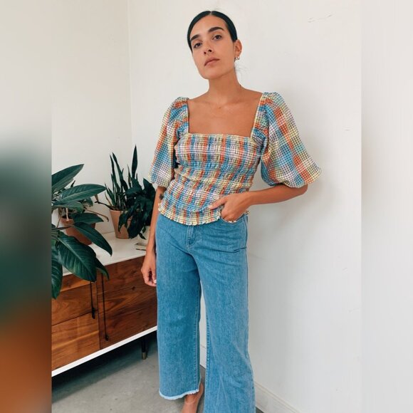 GANNI Shirred Puff Sleeve Seersucker Top in Pastel Check - US 4 (S) - Picture 14 of 16